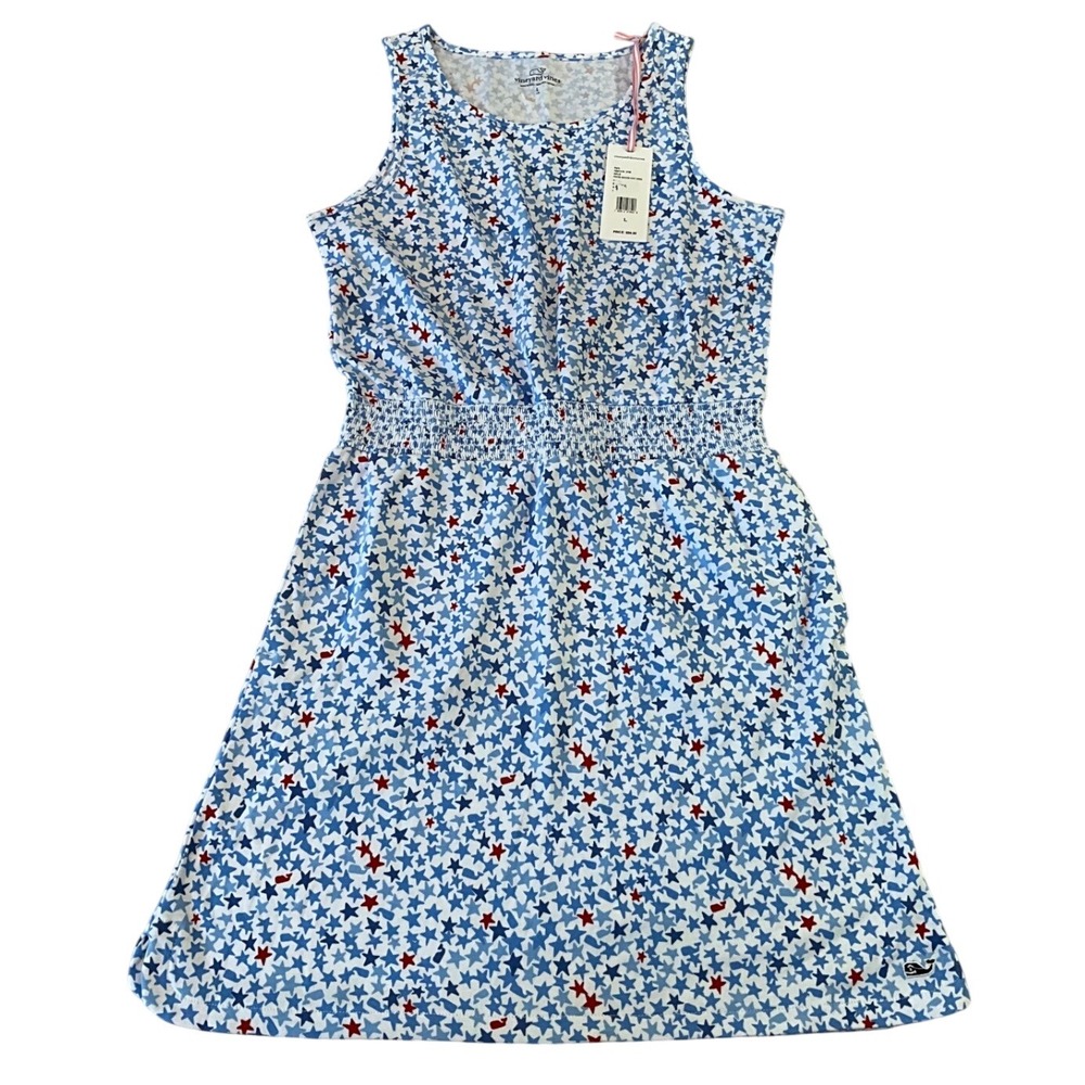 Vineyard Vines Girls' Dress Size Large‎ Blue White Red Stars Smocked Waist NWT